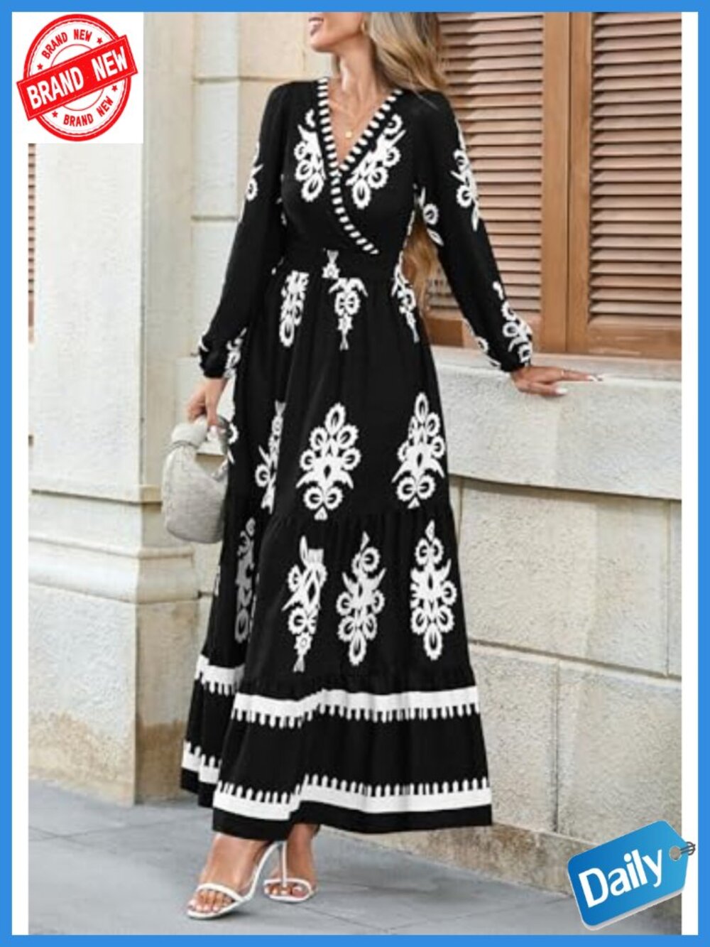 PRETTYGARDEN Women's Floral Boho Maxi Dress V-Neck Ruffle Long Sleeve - Picture 5 of 6